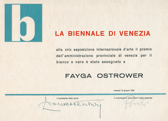 Diploma do Grande Prêmio Internacional de Gravura, conquistado por Fayga na XXIX Bienal de Veneza, 1958.